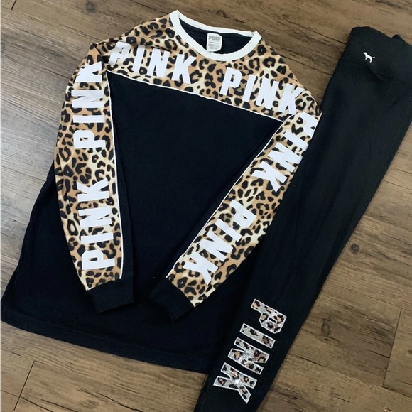 PINK Victoria's Secret Leopard Print Top and bling leggings outfit set S - Picture 1 of 10